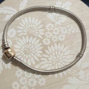 Pandora Sterling Silver Snake Chain 14k Yellow Gold Clasp Charm Bracelet
